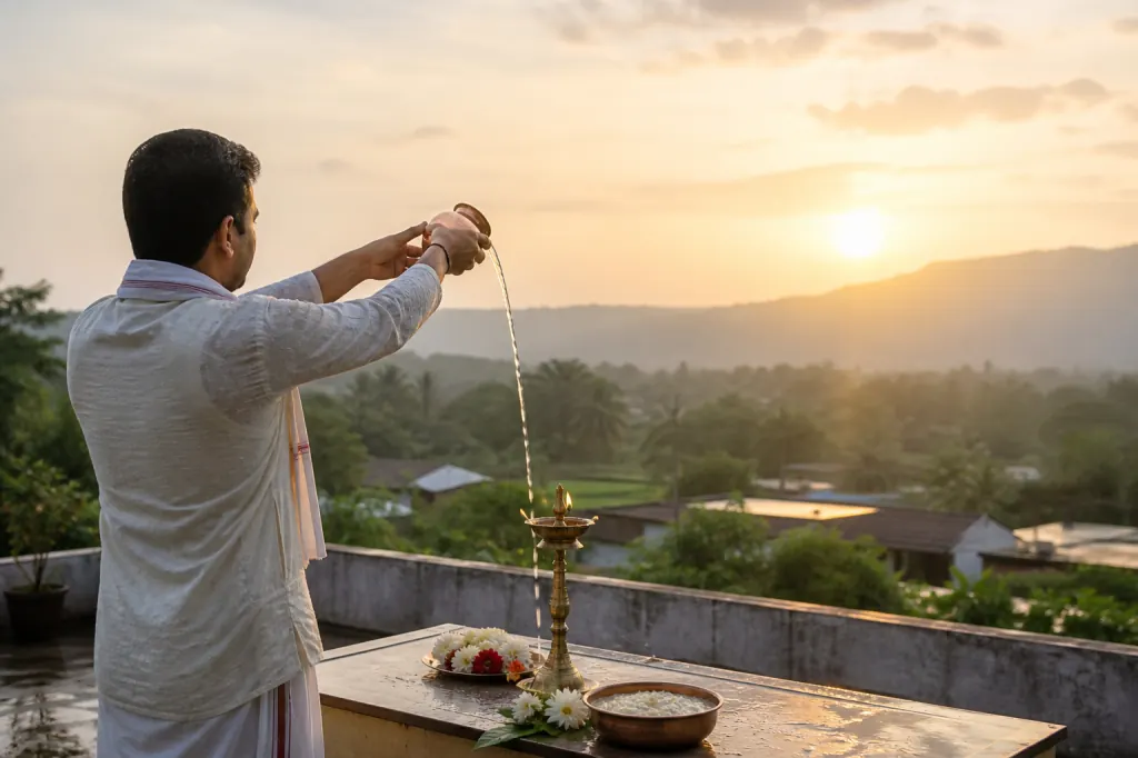 A dawn water offering to the rising sun with a copper lota, lamp and bowl of kheer