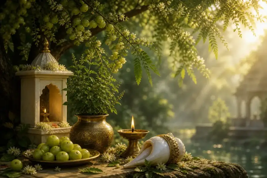 A small shrine and lamp beneath a fruiting amla tree for Amalaki Ekadashi
