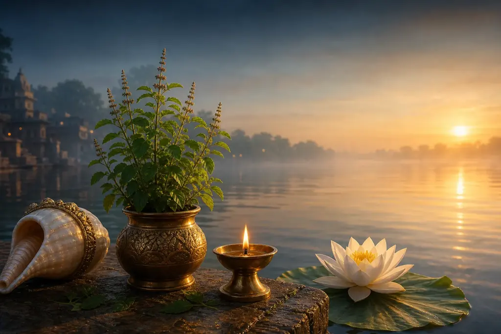 A tulsi and conch beside a boundless dawn river for Apara Ekadashi