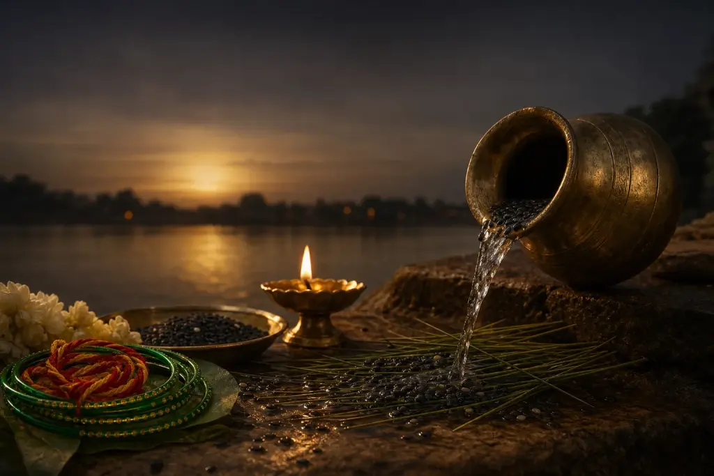 A tarpan offering with auspicious married-women's items for Avidhava Navami