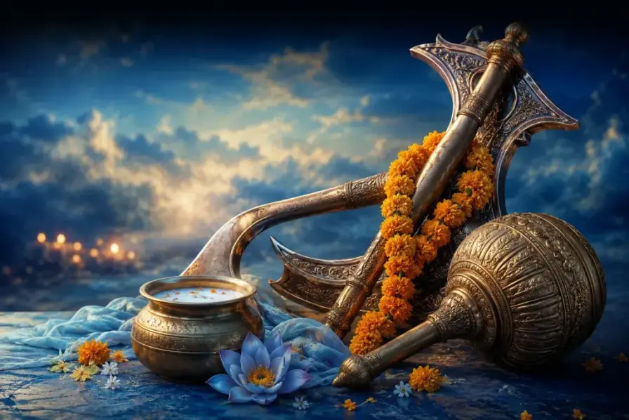 Balarama's plough and mace with a marigold garland for Balarama Jayanti