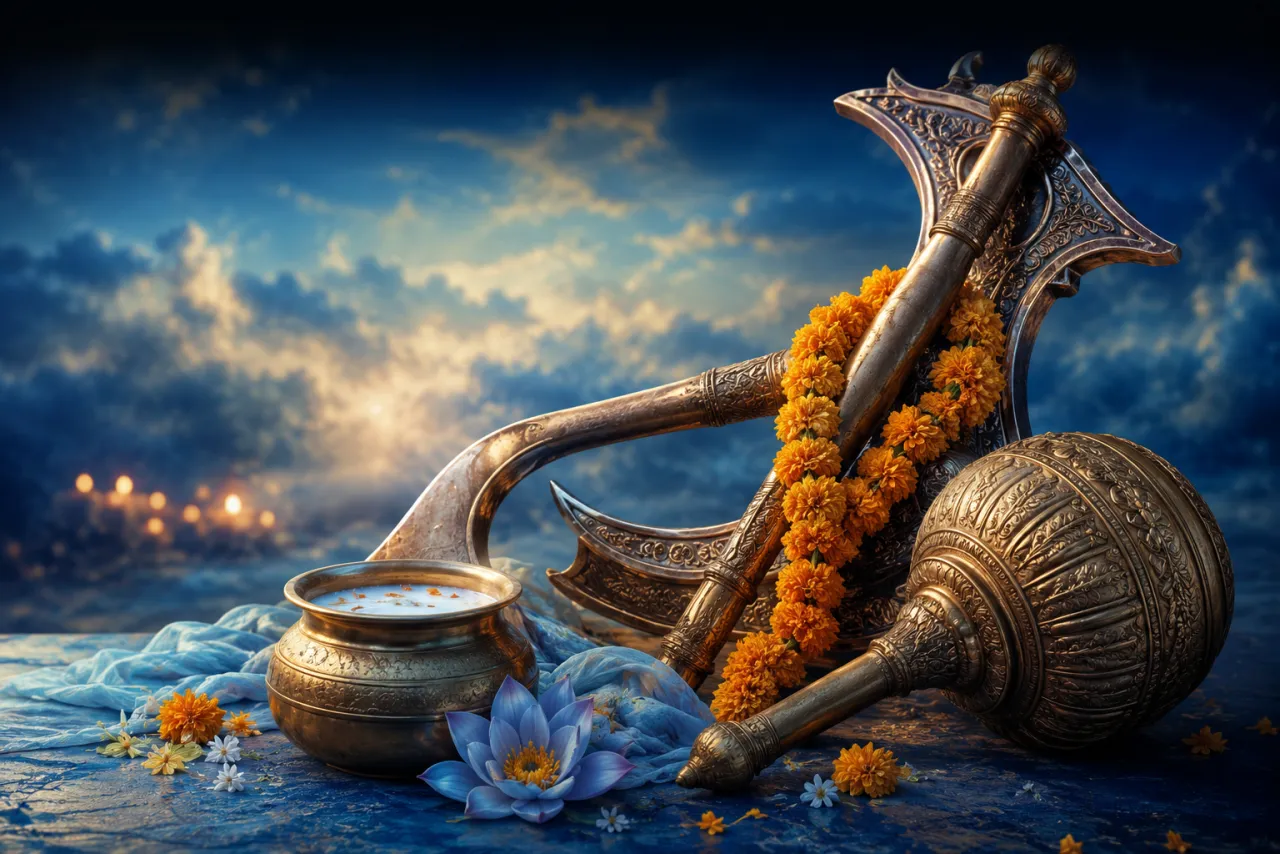 Balarama's plough and mace with a marigold garland for Balarama Jayanti