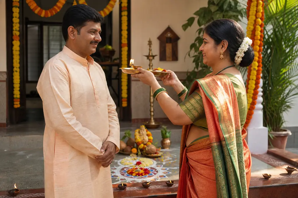 A Maharashtrian couple exchanging aarti amid oil lamps and rangoli on Diwali Padwa