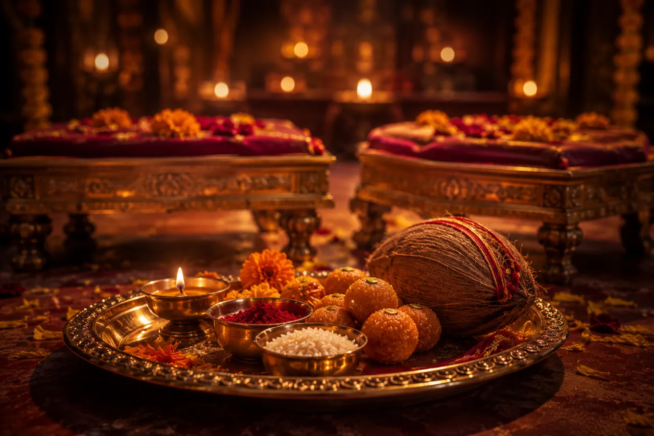 A tilak thali with sweets and a diya for Bhaiya Dooj