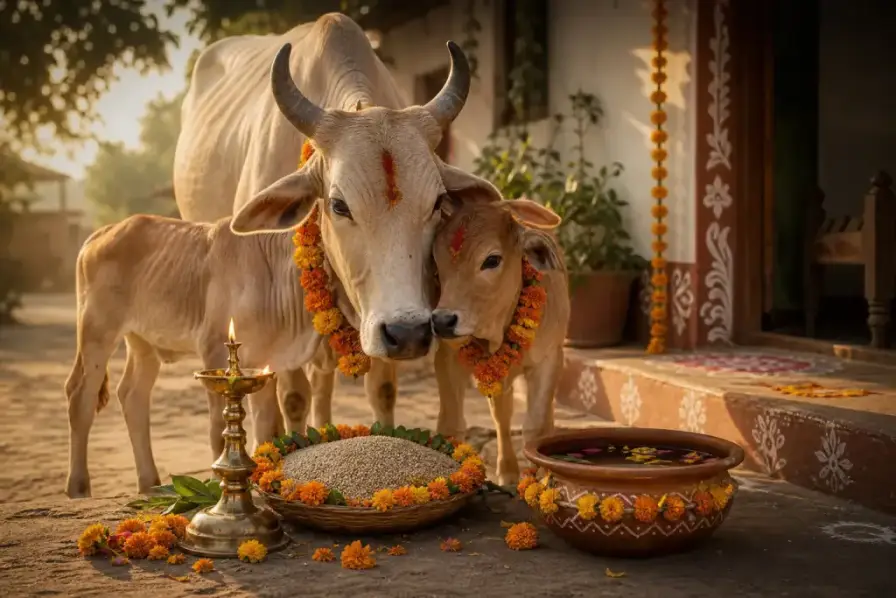 A garlanded cow and calf with bajra and a lamp for Bol Choth
