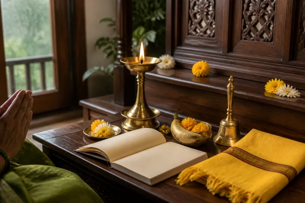 A warm home shrine with a brass lamp, yellow flowers, prayer book and yellow cloth