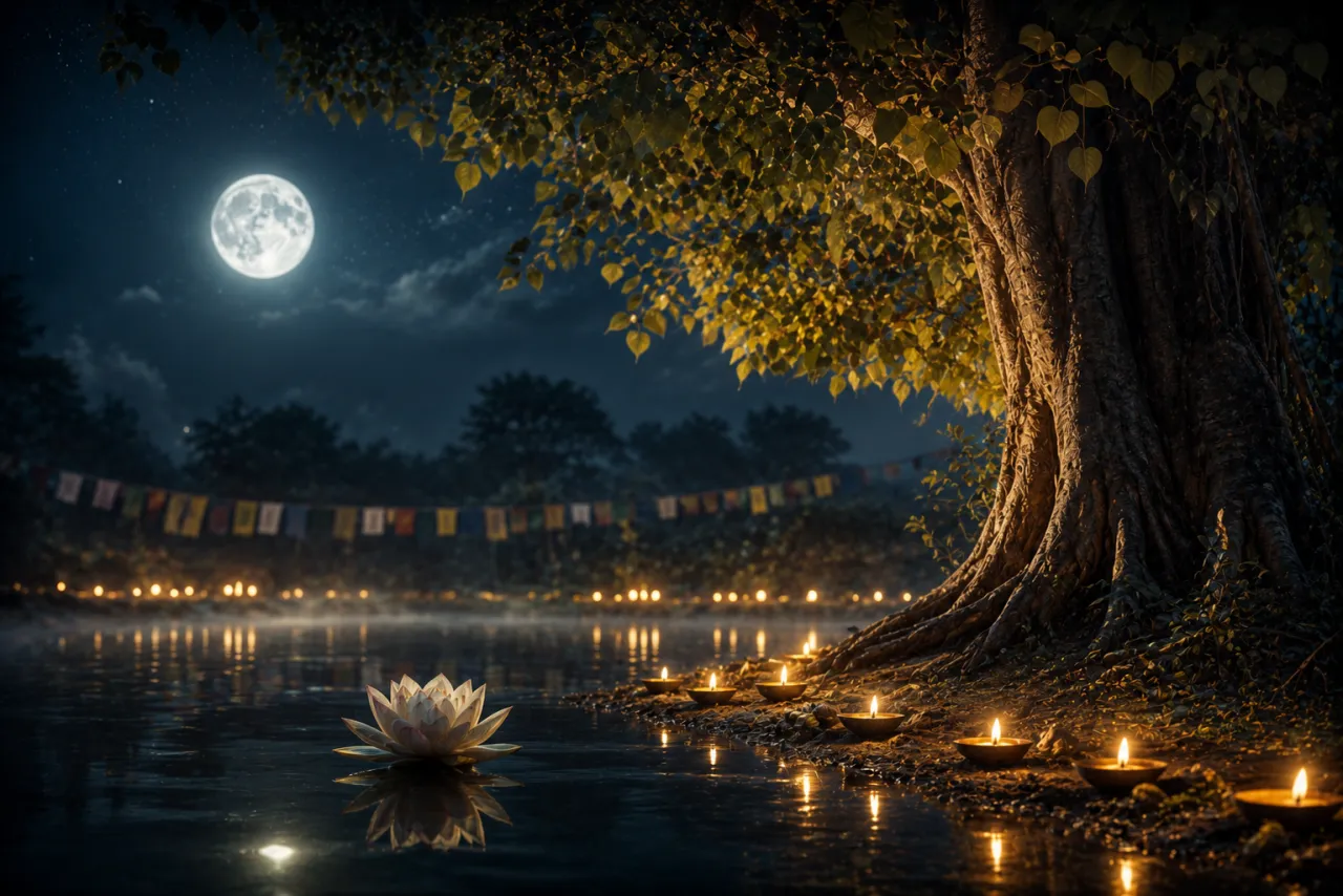 A Bodhi tree, lotus and butter lamps under a full moon for Buddha Purnima