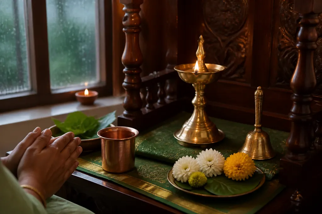 A brass lamp, bell, flowers and green prayer cloth arranged for Shravan Wednesday worship
