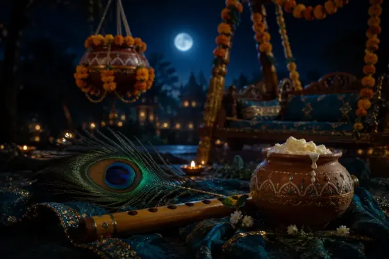 A peacock feather, flute and butter pot for Krishna Janmashtami