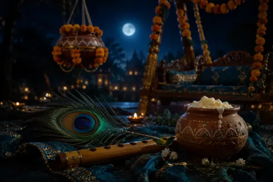 A peacock feather, flute and butter pot for Krishna Janmashtami