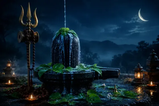 A Shiva lingam adorned with bilva leaves under a crescent moon on Maha Shivaratri