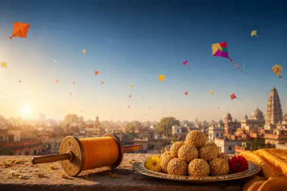 Colourful kites in a bright winter sky with tilgul sweets for Makar Sankranti