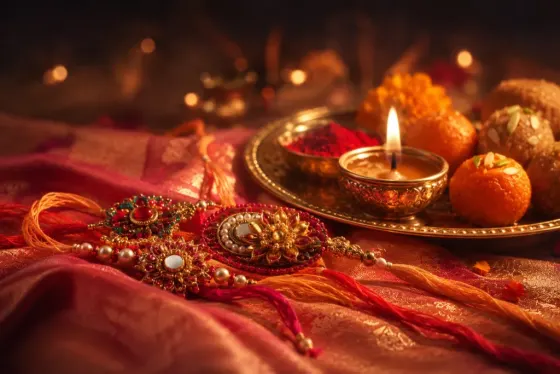 Ornate rakhi threads and a decorated puja thali for Raksha Bandhan