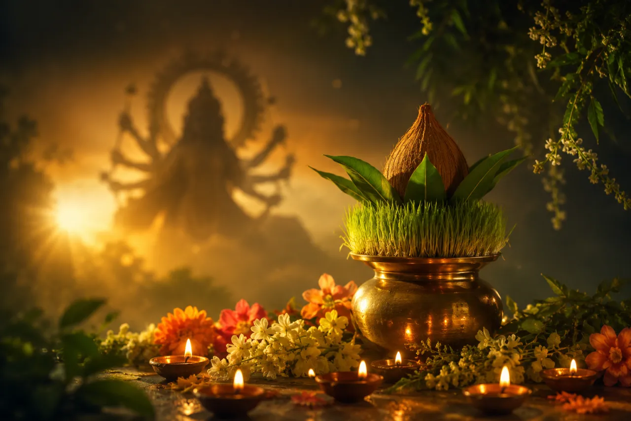 A barley-sprout kalash and spring flowers for Chaitra Navratri