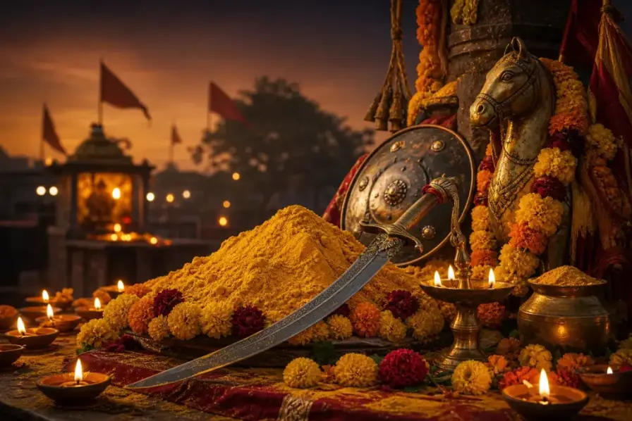 A Khandoba sword and bright turmeric bhandara for Champa Shashthi