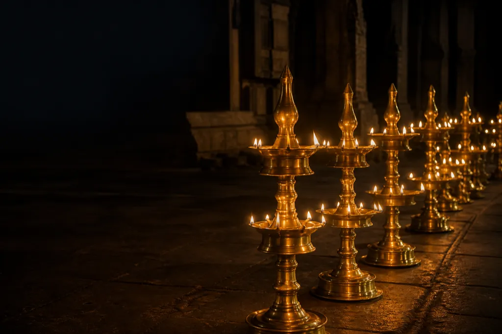 Polished brass lamps lit in rows for Deep Amavasya