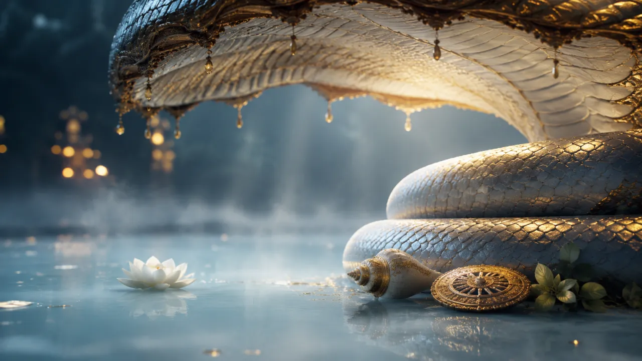 A serpent canopy over milky water with conch and lotus for Devshayani Ekadashi