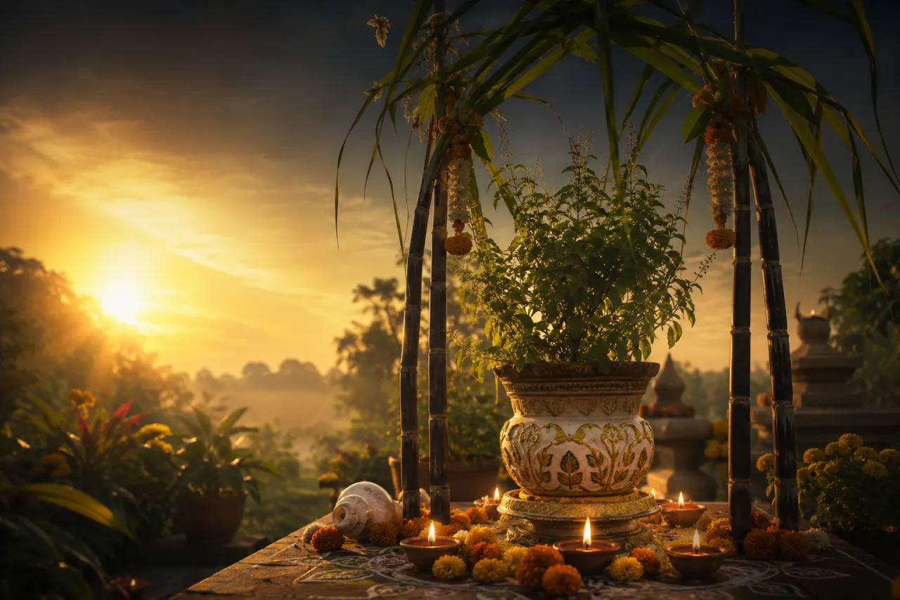 A decorated tulsi under a sugarcane canopy at dawn for Devutthana Ekadashi
