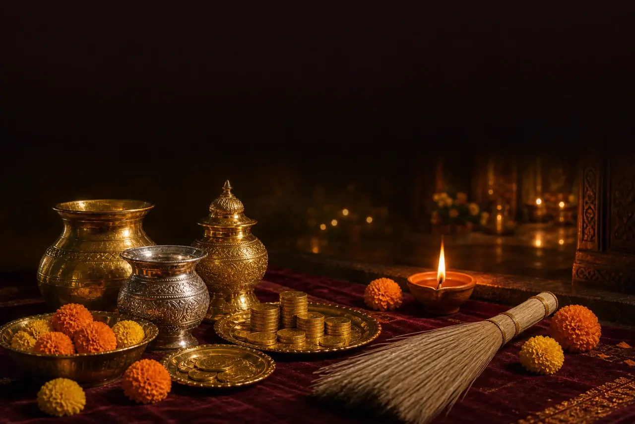 Brass and silver vessels, gold coins, marigolds, a broom and a lit clay diya at a Dhanteras threshold