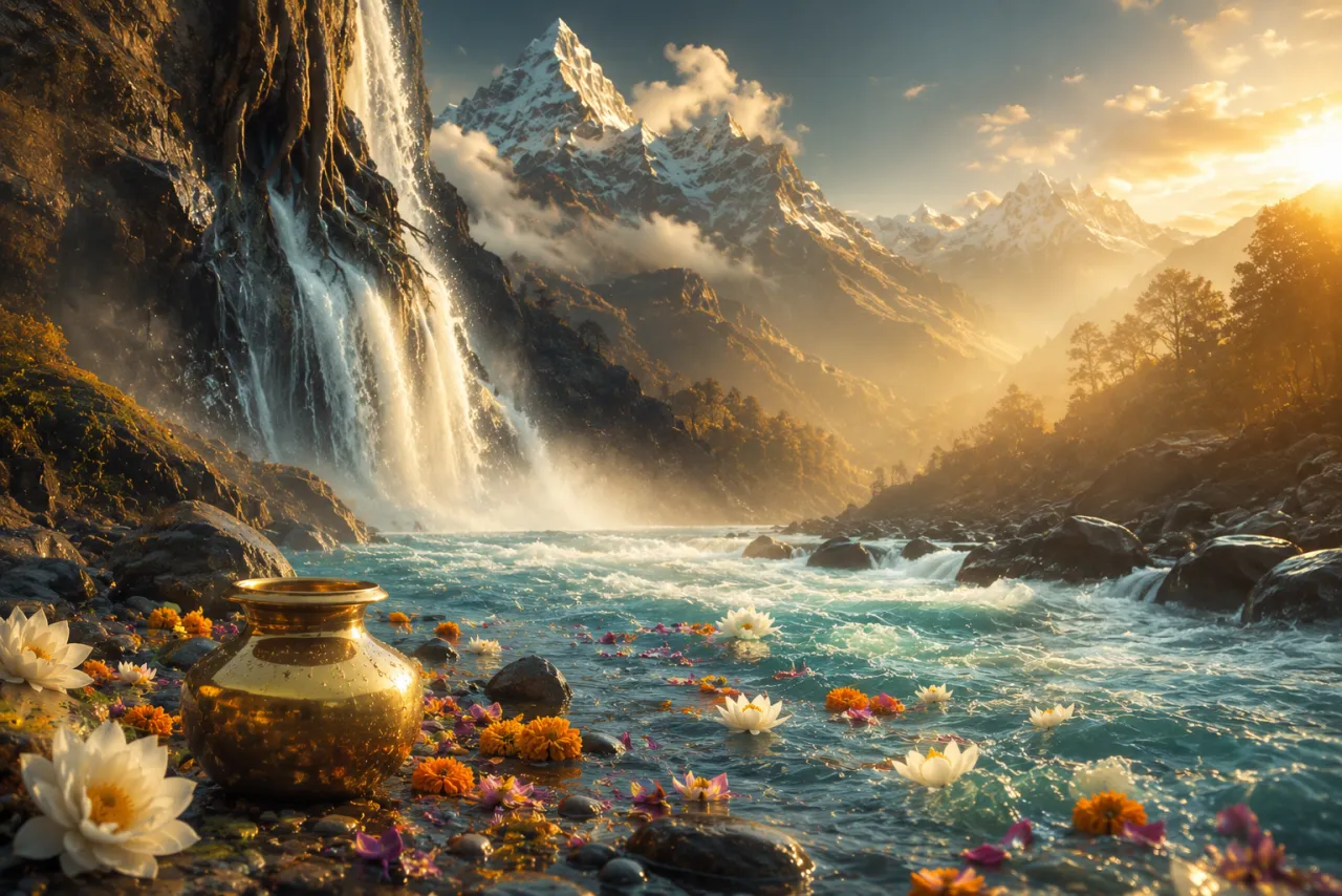 The Ganga cascading from the Himalayas with floating flowers for Ganga Dussehra