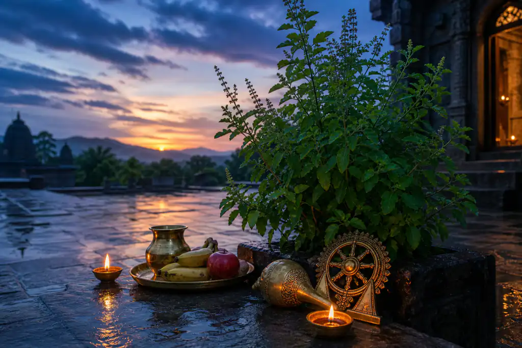 A Vishnu lamp, tulsi leaves and a sunrise-marked calendar for Gauna Yogini Ekadashi