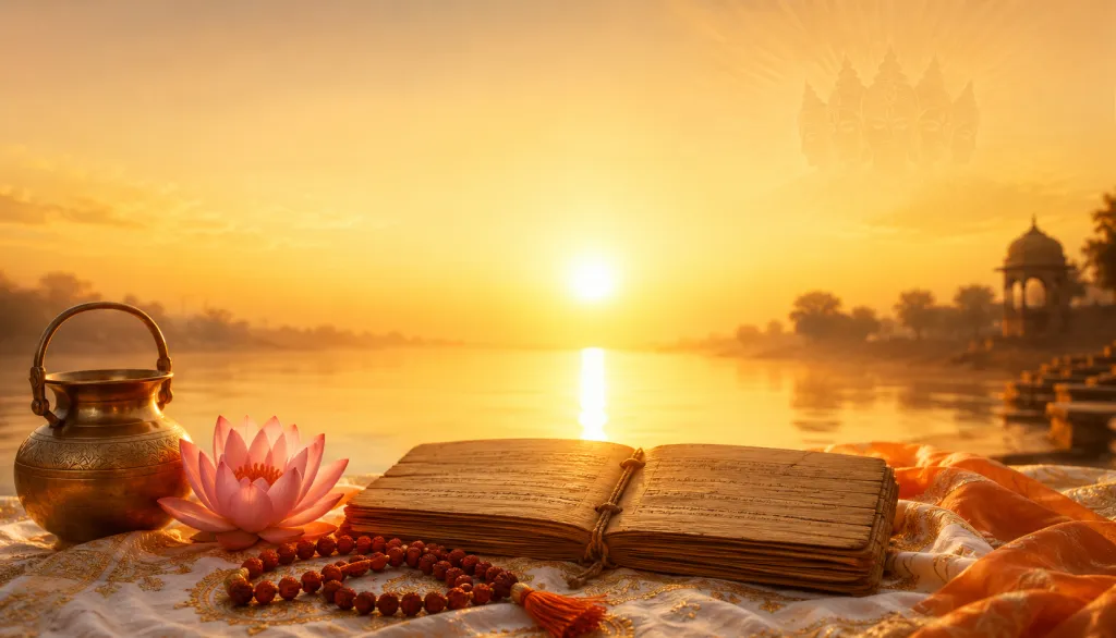 An open scripture and lotus beside a sunrise lake for Gayatri Jayanti