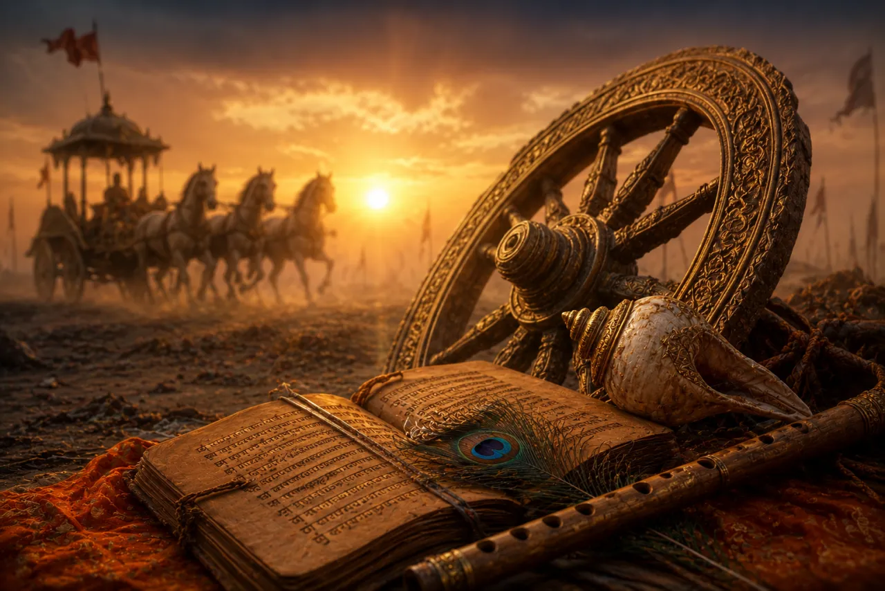 A chariot wheel, conch and open Gita manuscript at dawn for Gita Jayanti
