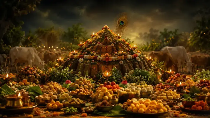 A decorated Govardhan hill and annakut food mountain for Govardhan Puja