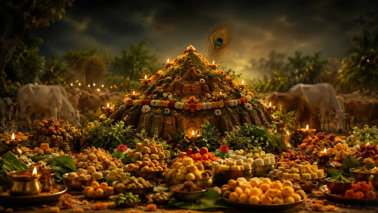 A decorated Govardhan hill and annakut food mountain for Govardhan Puja