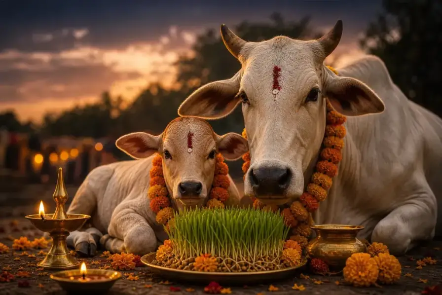 A cow and calf honoured with garland and lamp for Govatsa Dwadashi