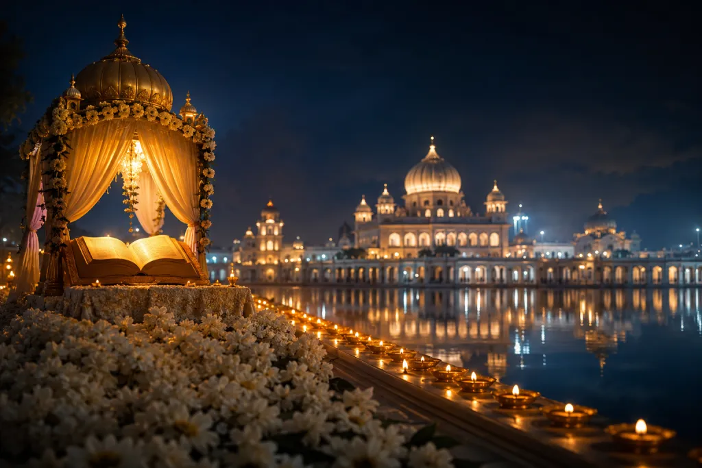 An illuminated gurdwara mirrored in still water at night for Guru Nanak Jayanti