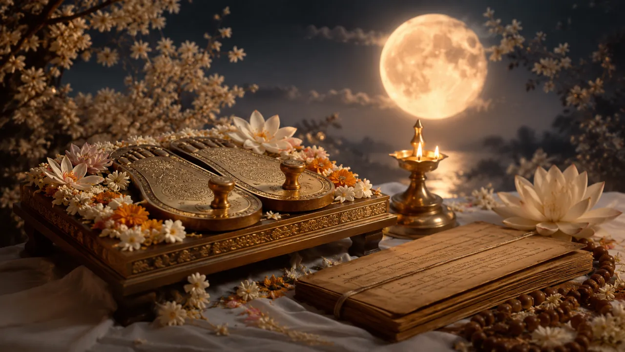The guru's padukas, an open scripture and a lamp under a full moon for Guru Purnima