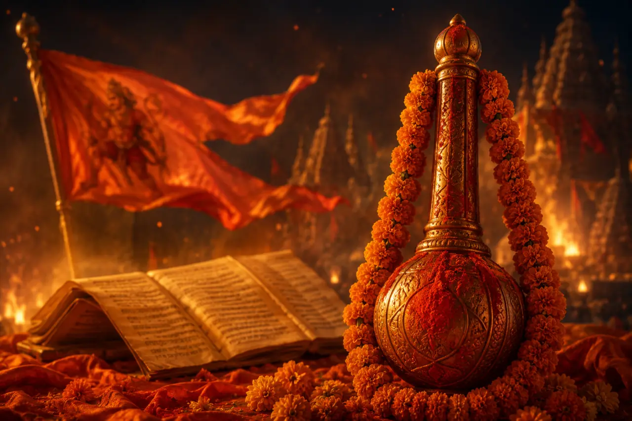 A sindoor-orange mace with marigold garland and a saffron flag for Hanuman Jayanti