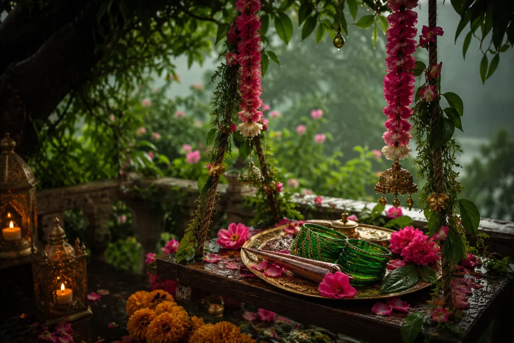 A flower-decked swing and green bangles in the monsoon for Hariyali Teej