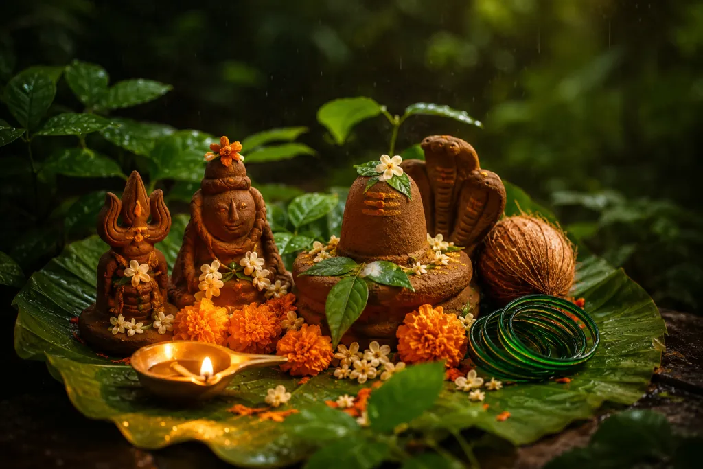 हरतालिका तीज के लिए मिट्टी की शिव-पार्वती प्रतिमाएँ और फूलों से सजा बालू का शिवलिंग
