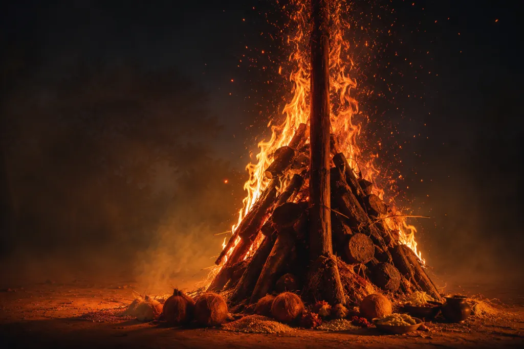 A blazing Holika bonfire with rising sparks at night for Holika Dahan