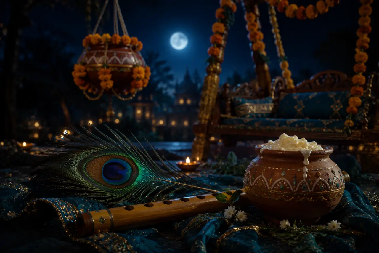 A peacock feather, flute and butter pot for Krishna Janmashtami