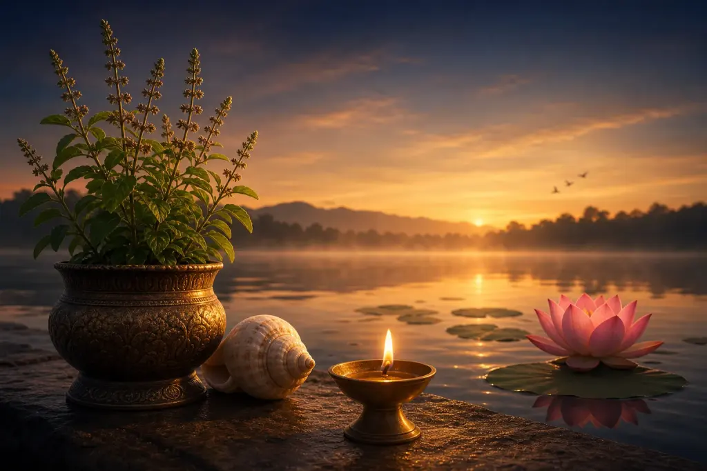 A tulsi, conch and rising dawn light for Jaya Ekadashi