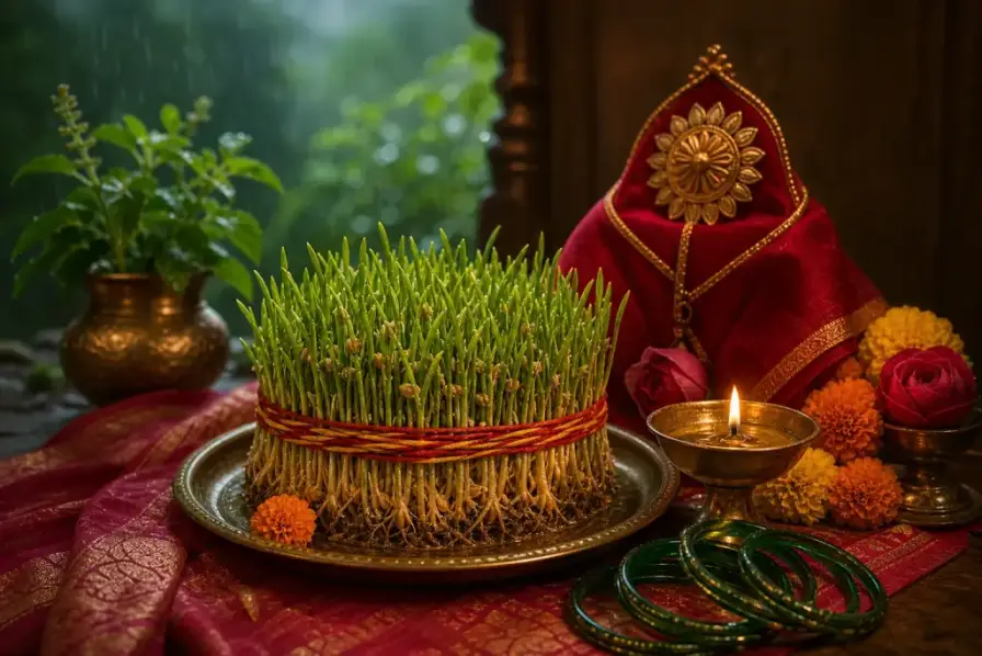 जया पार्वती व्रत के लिए जावरा अंकुर, पार्वती-गौरी प्रतीक और चूड़ियाँ