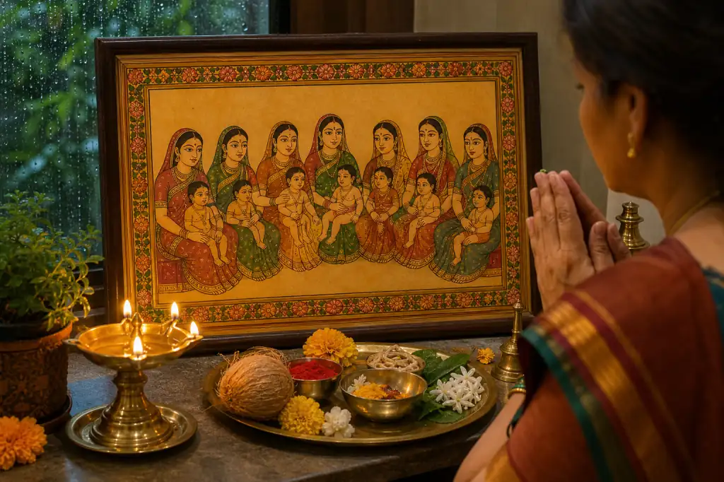 A traditional Jara-Jivantika folk image, lamps and a puja plate in a Maharashtrian home
