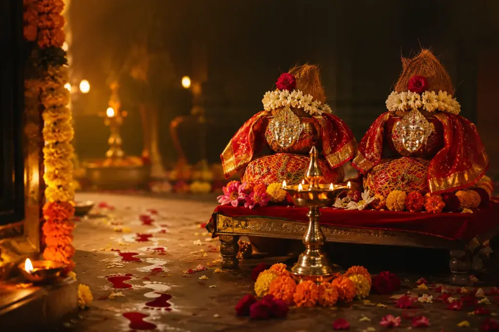 Auspicious footprints leading to decorated Gauri pots for Jyeshtha Gauri Avahan