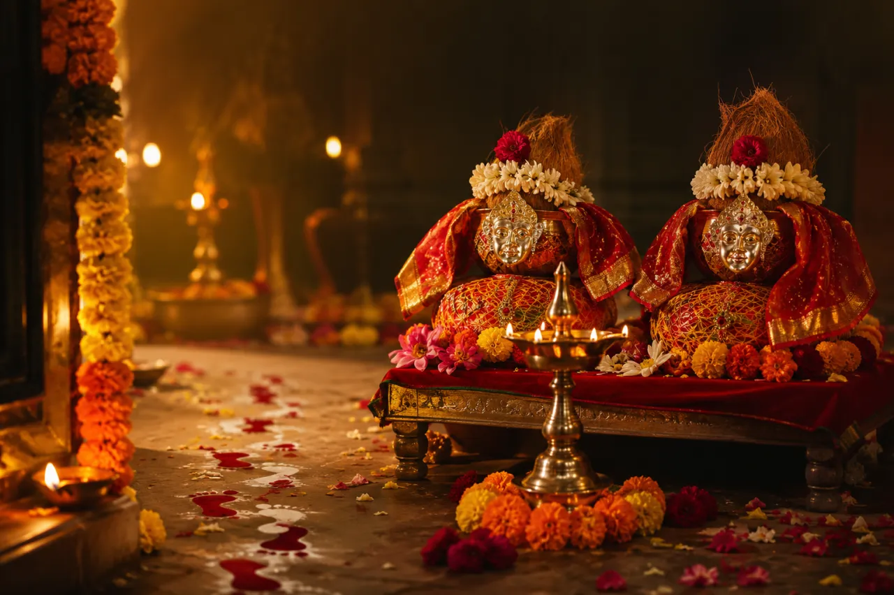 Auspicious footprints leading to decorated Gauri pots for Jyeshtha Gauri Avahan