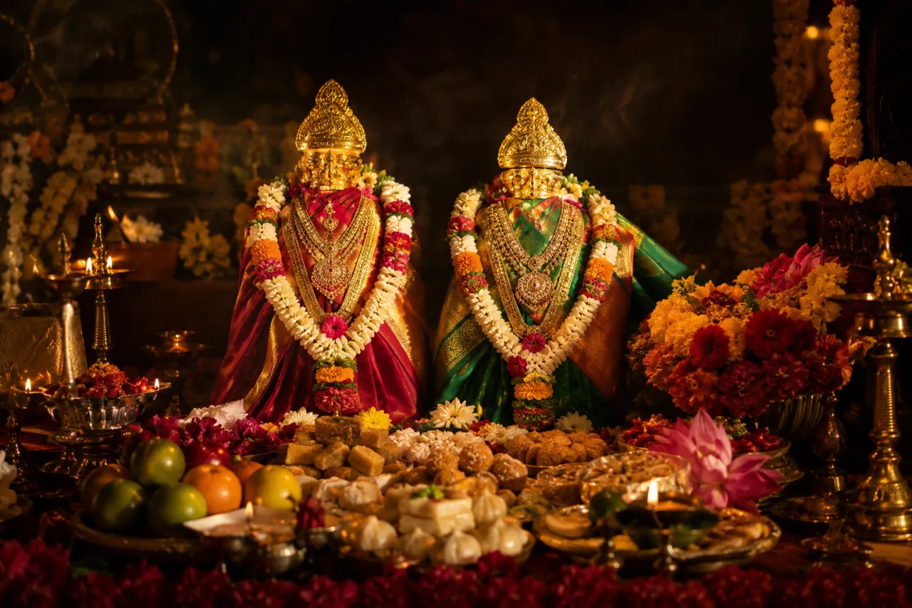 Two adorned Gauri figures with a festive offering for Jyeshtha Gauri Pujan