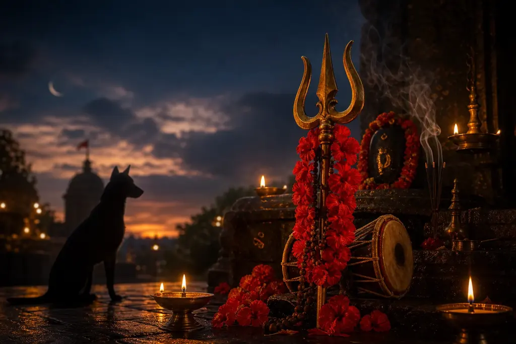 A trishul, damaru and a black dog at an evening shrine for Kalashtami