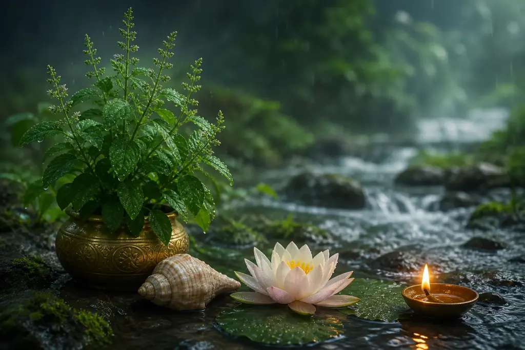 A rain-fresh tulsi and conch in Shravana for Kamika Ekadashi