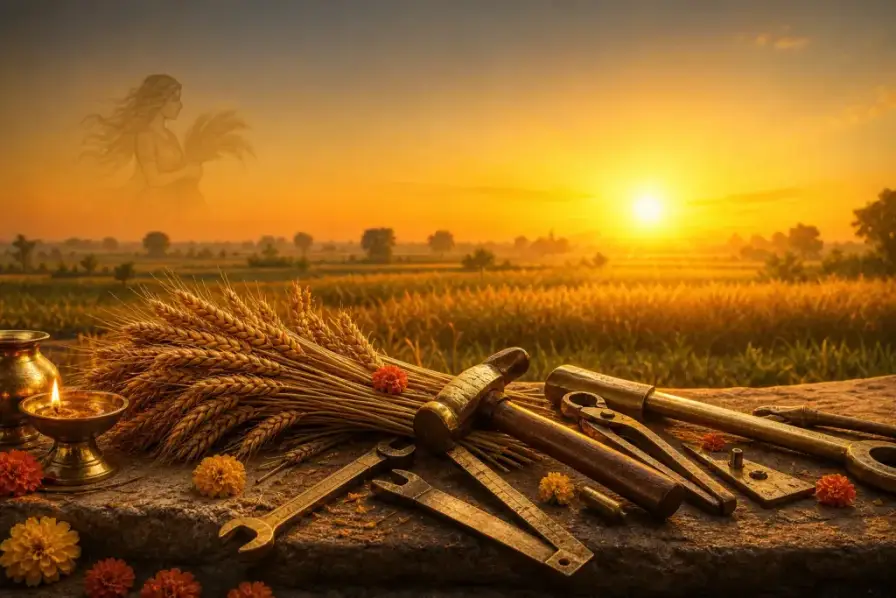 A harvest sunrise with a maiden-and-sheaf motif and craft tools for Kanya Sankranti