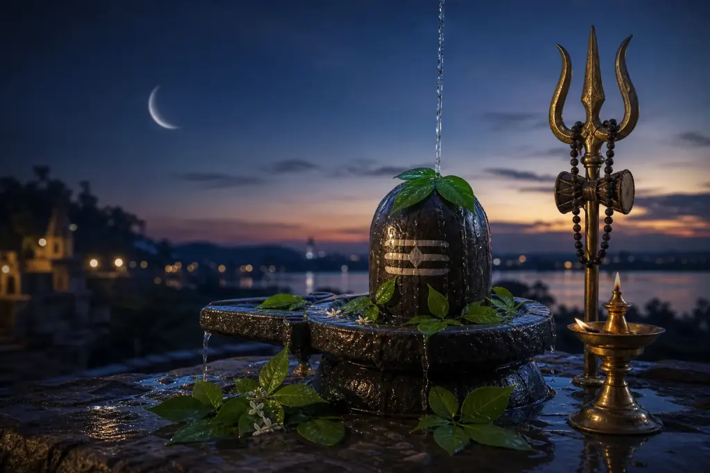 A twilight lingam with bilva, trishul and a Pradosh lamp for Krishna Pradosh