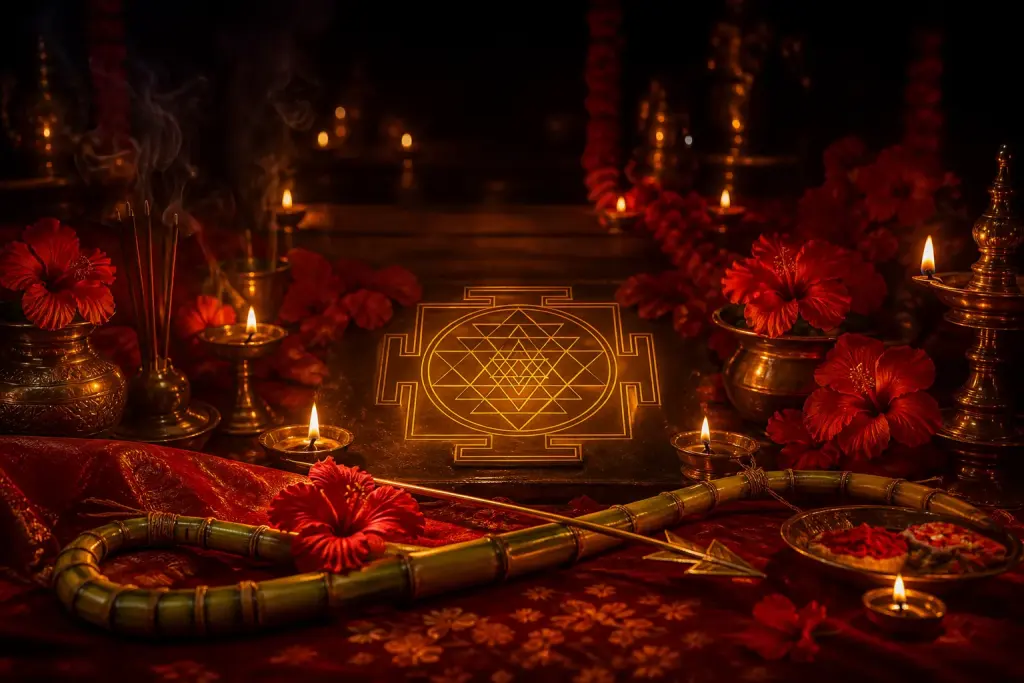 A Sri Yantra, hibiscus and lamps for Lalita Panchami