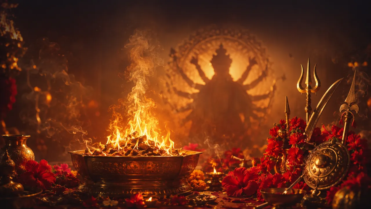 A navami homa fire with Durga's weapons for Maha Navami
