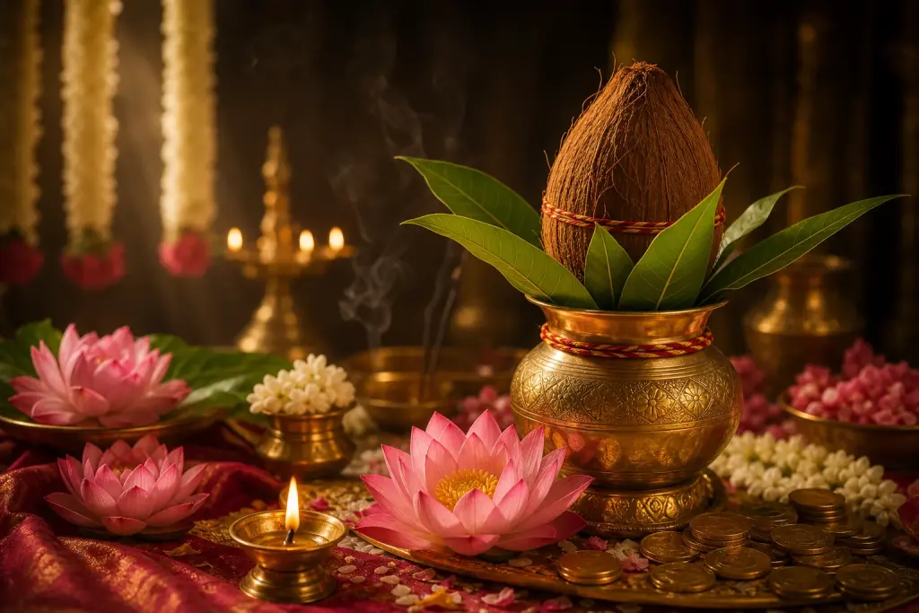 An installed Lakshmi kalash with lotus and coins for Mahalakshmi Sthapan